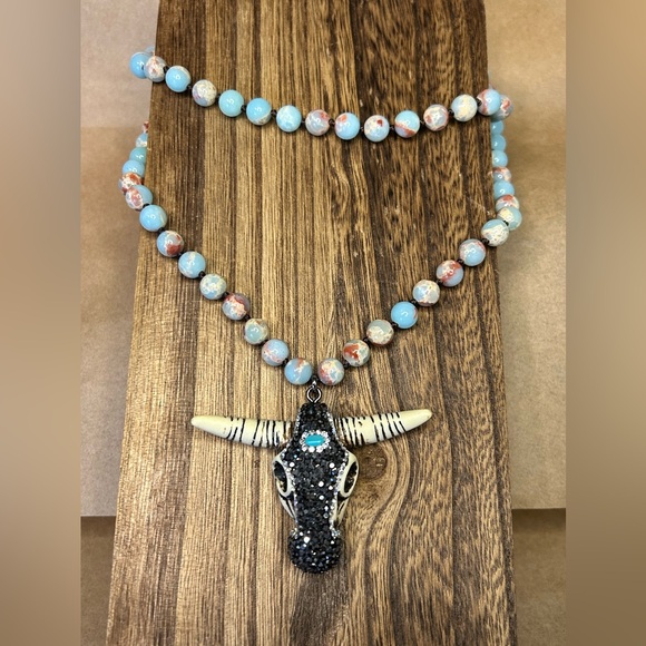 8mm Natural Imperial Jasper Stone Beads, Pendant Features Bling Oxen Head 🐂 - Picture 4 of 8